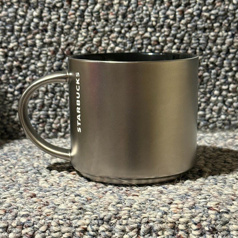 2014 Starbucks Stainless Steel Silver Coffee Mug White Logo Embossed 14oz
